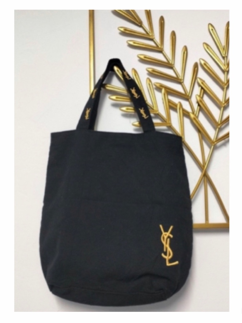 NEW YSL Yves Saint Laurent Tote Bag Black Gold Embroidery Logo
